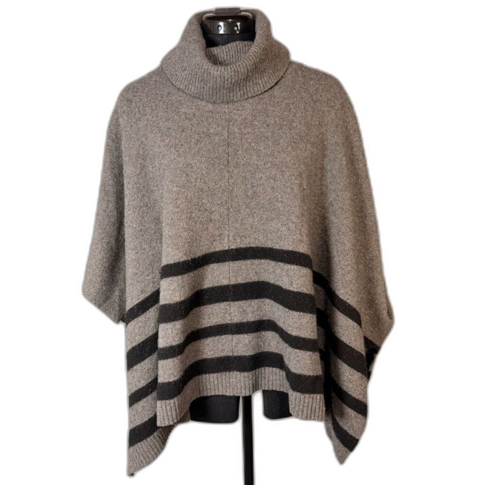Tahari Grey Striped Poncho Sweater Turtleneck Cowl Neck